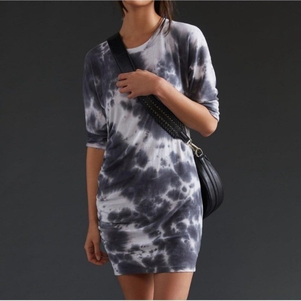 Anthropologie Sundry Ruched Tie Dye Mini Dress T Shirt White Gray medium / 2 NWT